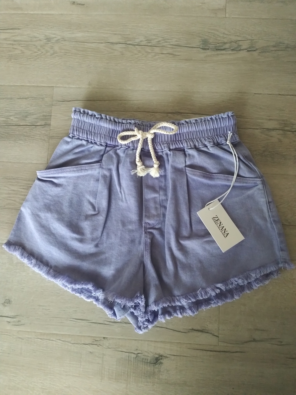 Zenana Outfitters Lavender Elastic Drawstring Fringe Hem Shorts